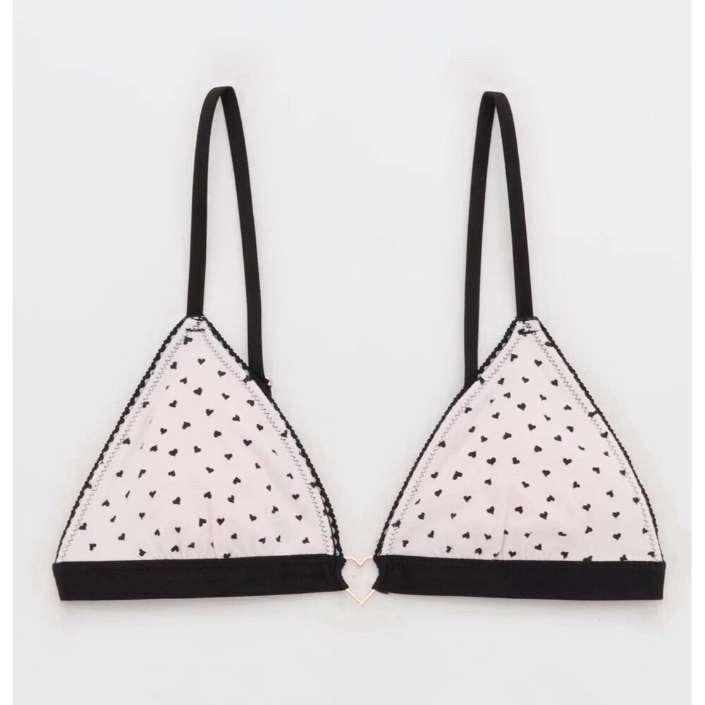 Aerie Superchill Cotton Triangle Bralette Pink With Black Hearts Sz XL New